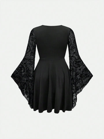 ROMWE Goth Gothic Style Flocked Floral Mesh Patchwork Lace-Up Waist Dress For Women, Halloween