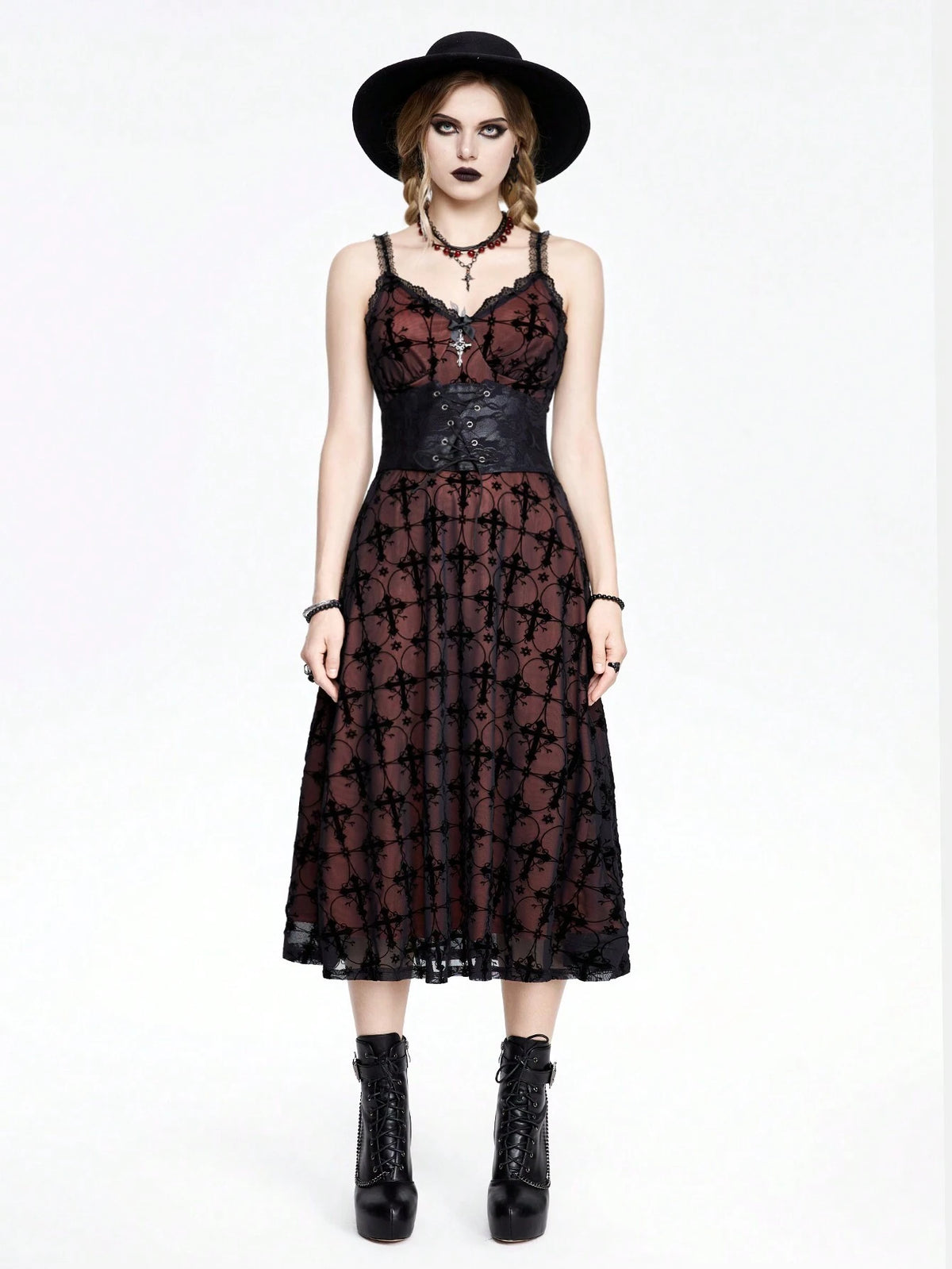 ROMWE Goth Gothic Style Flocked & Lace Splice Cross Shaped A-Line Dress With Spaghetti Straps For Women