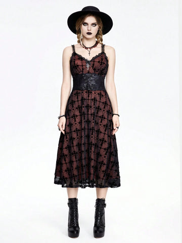 ROMWE Goth Gothic Style Flocked & Lace Splice Cross Shaped A-Line Dress With Spaghetti Straps For Women
