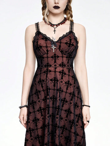 ROMWE Goth Gothic Style Flocked & Lace Splice Cross Shaped A-Line Dress With Spaghetti Straps For Women