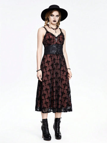 ROMWE Goth Gothic Style Flocked & Lace Splice Cross Shaped A-Line Dress With Spaghetti Straps For Women