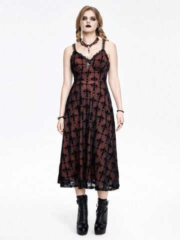 ROMWE Goth Gothic Style Flocked & Lace Splice Cross Shaped A-Line Dress With Spaghetti Straps For Women