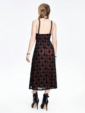 ROMWE Goth Gothic Style Flocked & Lace Splice Cross Shaped A-Line Dress With Spaghetti Straps For Women
