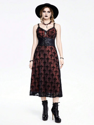 ROMWE Goth Gothic Style Flocked & Lace Splice Cross Shaped A-Line Dress With Spaghetti Straps For Women