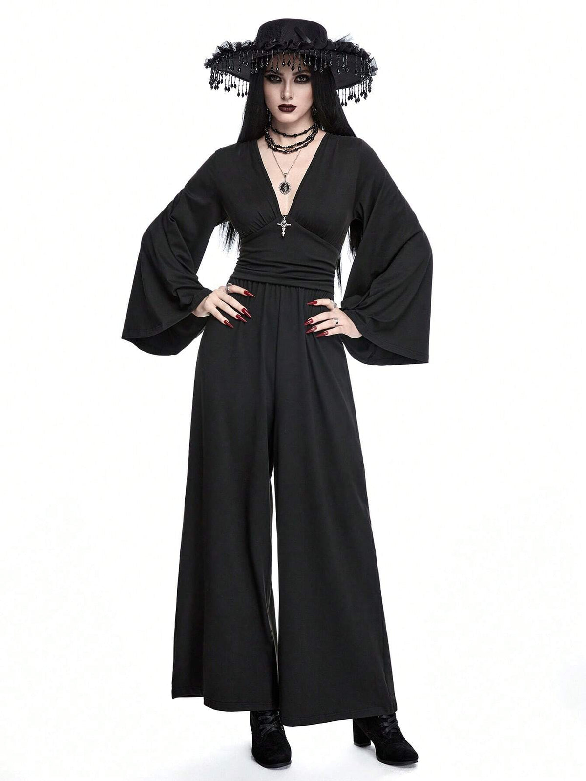 ROMWE Goth Gothic Style Metal Cross Decor Wide Flare Sleeves Slim Fit Jumpsuit