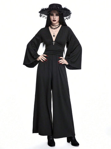 ROMWE Goth Gothic Style Metal Cross Decor Wide Flare Sleeves Slim Fit Jumpsuit
