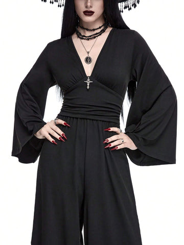 ROMWE Goth Gothic Style Metal Cross Decor Wide Flare Sleeves Slim Fit Jumpsuit