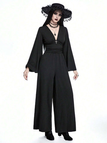 ROMWE Goth Gothic Style Metal Cross Decor Wide Flare Sleeves Slim Fit Jumpsuit