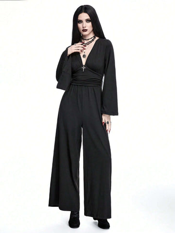 ROMWE Goth Gothic Style Metal Cross Decor Wide Flare Sleeves Slim Fit Jumpsuit