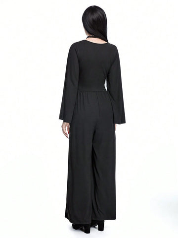 ROMWE Goth Gothic Style Metal Cross Decor Wide Flare Sleeves Slim Fit Jumpsuit
