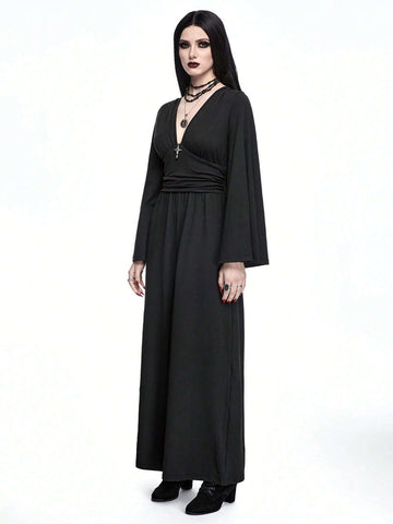 ROMWE Goth Gothic Style Metal Cross Decor Wide Flare Sleeves Slim Fit Jumpsuit