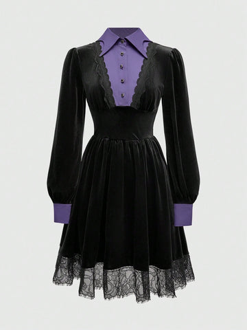 ROMWE Goth Gothic Style Purple Lace Patchwork Velvet Waist Dress, For Valentine's Day