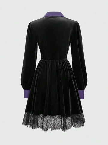 ROMWE Goth Gothic Style Purple Lace Patchwork Velvet Waist Dress, For Valentine's Day