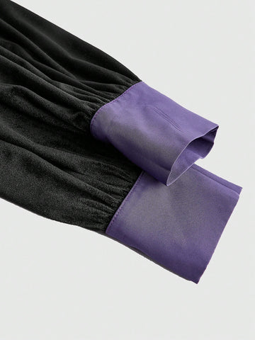 ROMWE Goth Gothic Style Purple Lace Patchwork Velvet Waist Dress, For Valentine's Day