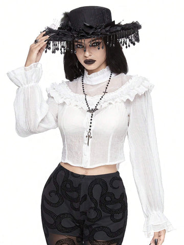 Gothic Style Ruffle Puff Sleeve Sheer Panel Blouse Top For Women