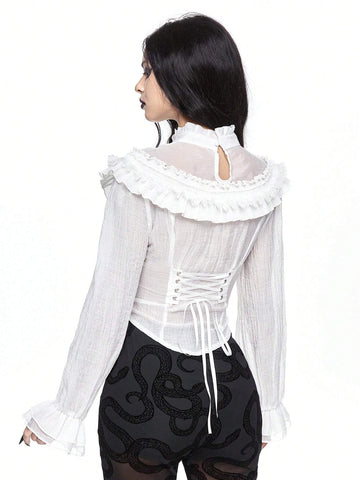 Gothic Style Ruffle Puff Sleeve Sheer Panel Blouse Top For Women