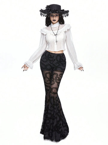 Gothic Style Ruffle Puff Sleeve Sheer Panel Blouse Top For Women