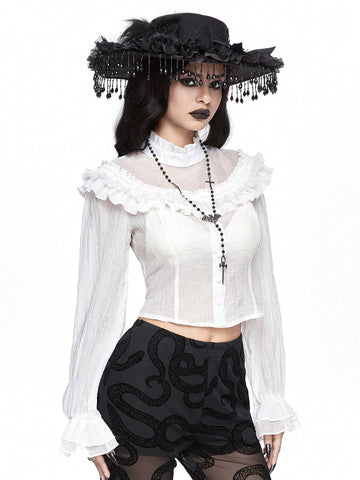 Gothic Style Ruffle Puff Sleeve Sheer Panel Blouse Top For Women