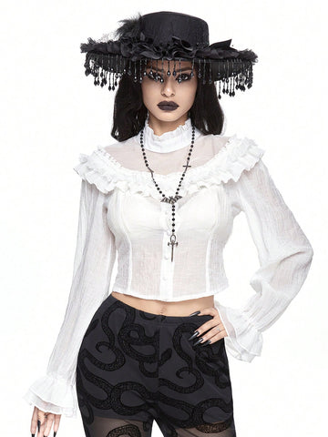 Gothic Style Ruffle Puff Sleeve Sheer Panel Blouse Top For Women