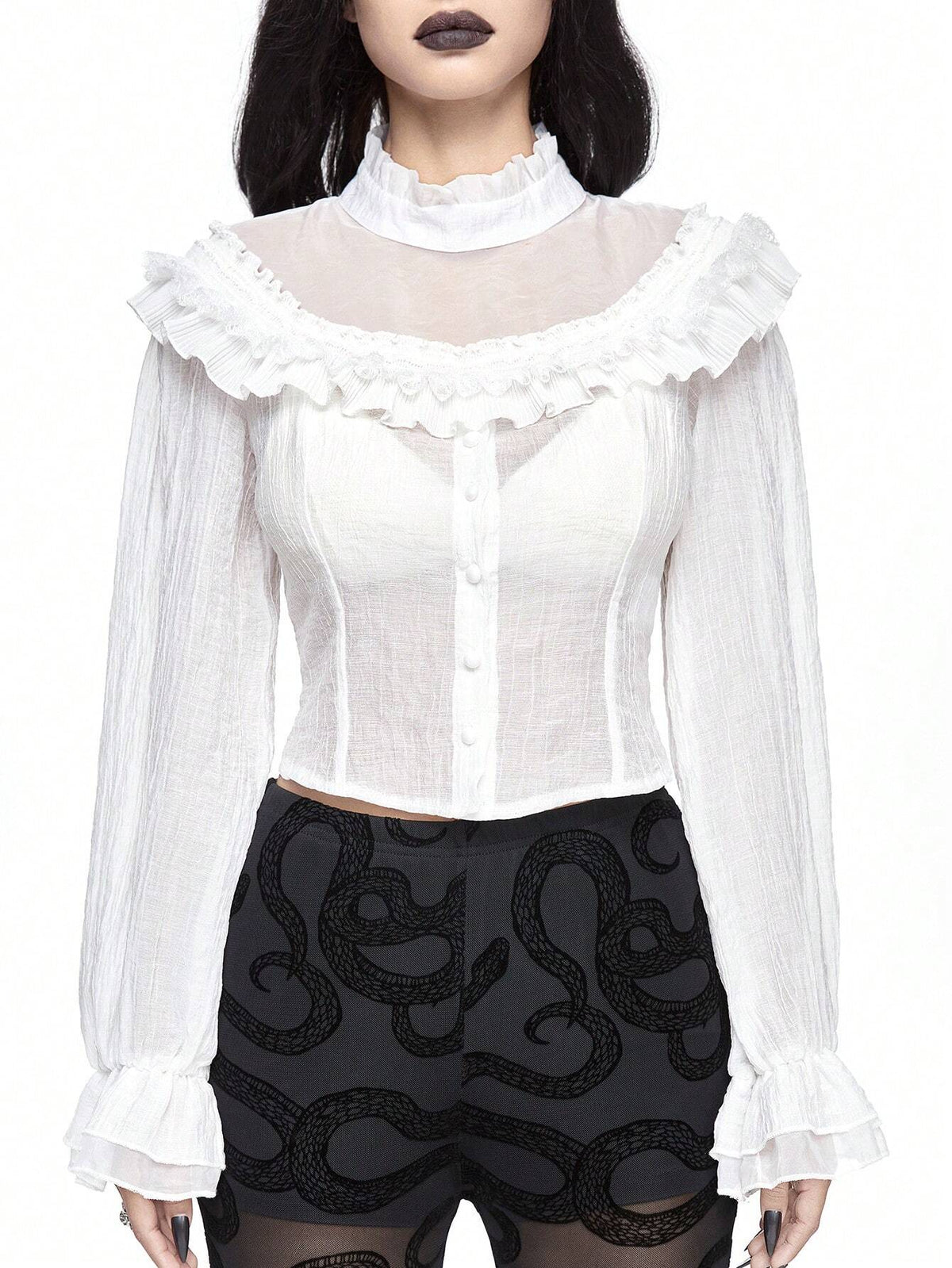 Gothic Style Ruffle Puff Sleeve Sheer Panel Blouse Top For Women