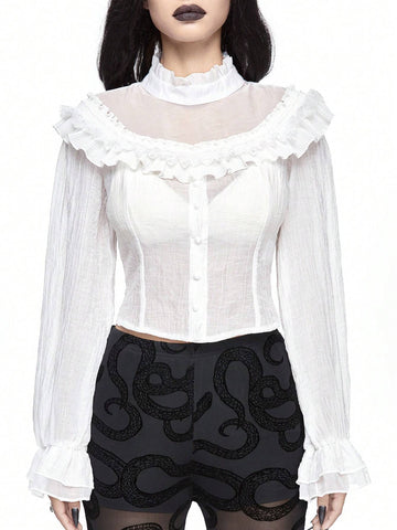 Gothic Style Ruffle Puff Sleeve Sheer Panel Blouse Top For Women