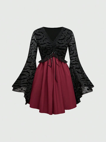 ROMWE Goth Gothic Women Patchwork Layered Hem A-Line Dress