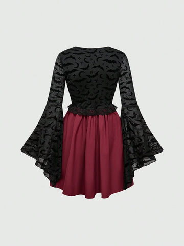 ROMWE Goth Gothic Women Patchwork Layered Hem A-Line Dress