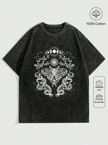 ROMWE Goth Insect, Snake And Hand Element Print Pattern Randomly Tie-Dye Snowflake T-Shirt, Suitable For Summer Casual Wear.