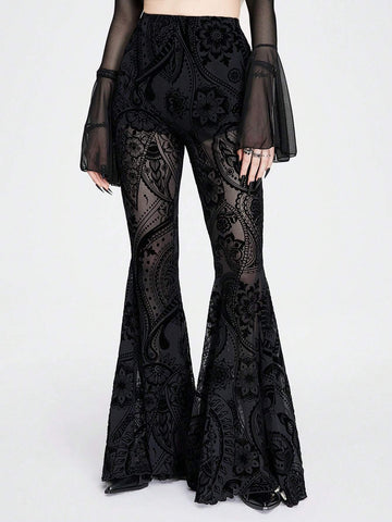 ROMWE Goth Mesh Paisley Pattern Flocked Lining Pants Transparent Flared Trousers