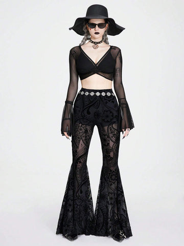 ROMWE Goth Mesh Paisley Pattern Flocked Lining Pants Transparent Flared Trousers
