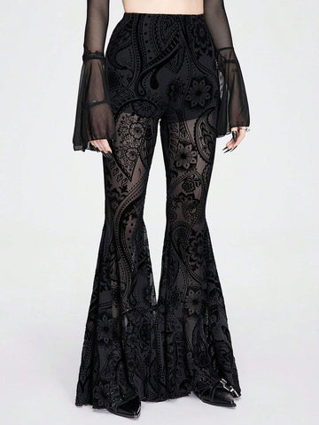 ROMWE Goth Mesh Paisley Pattern Flocked Lining Pants Transparent Flared Trousers