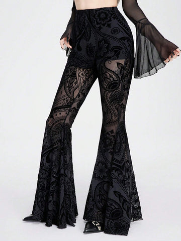 ROMWE Goth Mesh Paisley Pattern Flocked Lining Pants Transparent Flared Trousers