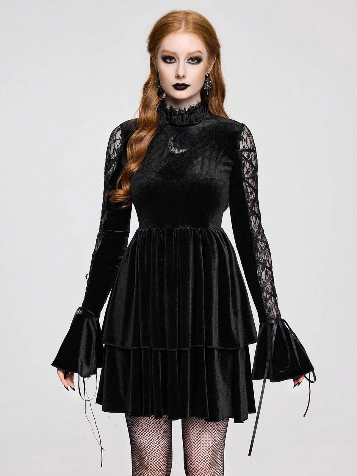 ROMWE Goth Retro Gothic Lace Patchwork Criss-Cross Flare Sleeve Velvet Cake Skirt Dress For Women