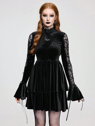 ROMWE Goth Retro Gothic Lace Patchwork Criss-Cross Flare Sleeve Velvet Cake Skirt Dress For Women