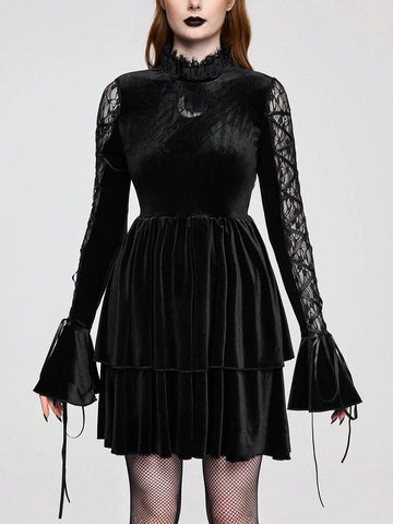 ROMWE Goth Retro Gothic Lace Patchwork Criss-Cross Flare Sleeve Velvet Cake Skirt Dress For Women