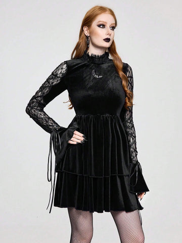 ROMWE Goth Retro Gothic Lace Patchwork Criss-Cross Flare Sleeve Velvet Cake Skirt Dress For Women