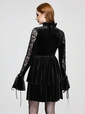ROMWE Goth Retro Gothic Lace Patchwork Criss-Cross Flare Sleeve Velvet Cake Skirt Dress For Women