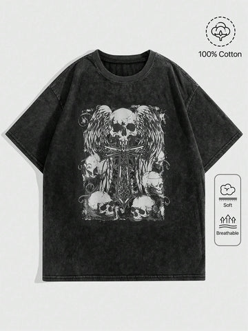 ROMWE Goth Round Neck Skull Printed Water-Washed Color Ladies' T-Shirt