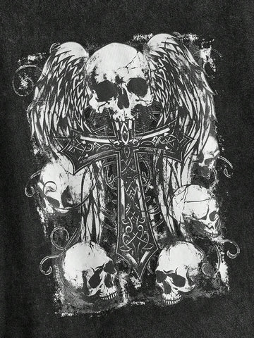 ROMWE Goth Round Neck Skull Printed Water-Washed Color Ladies' T-Shirt