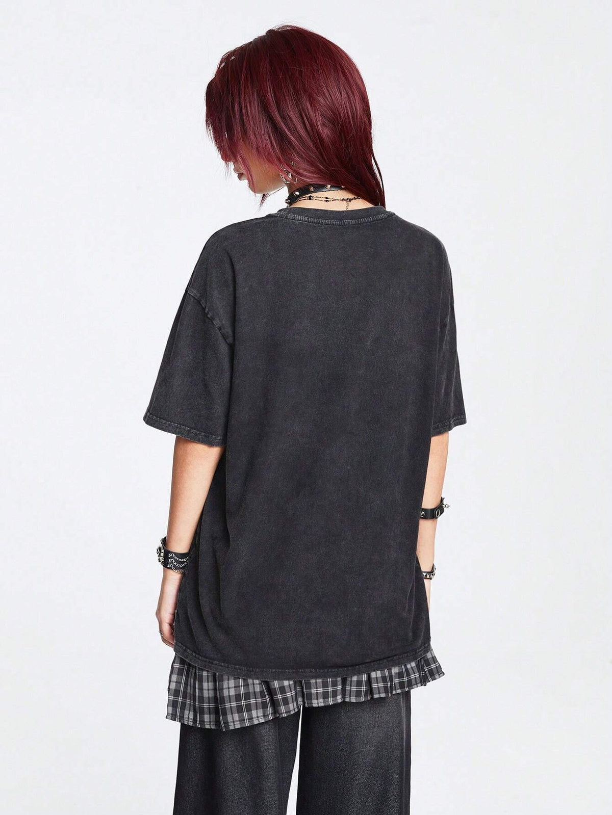 ROMWE Goth Round Neck Skull Printed Water-Washed Color Ladies' T-Shirt