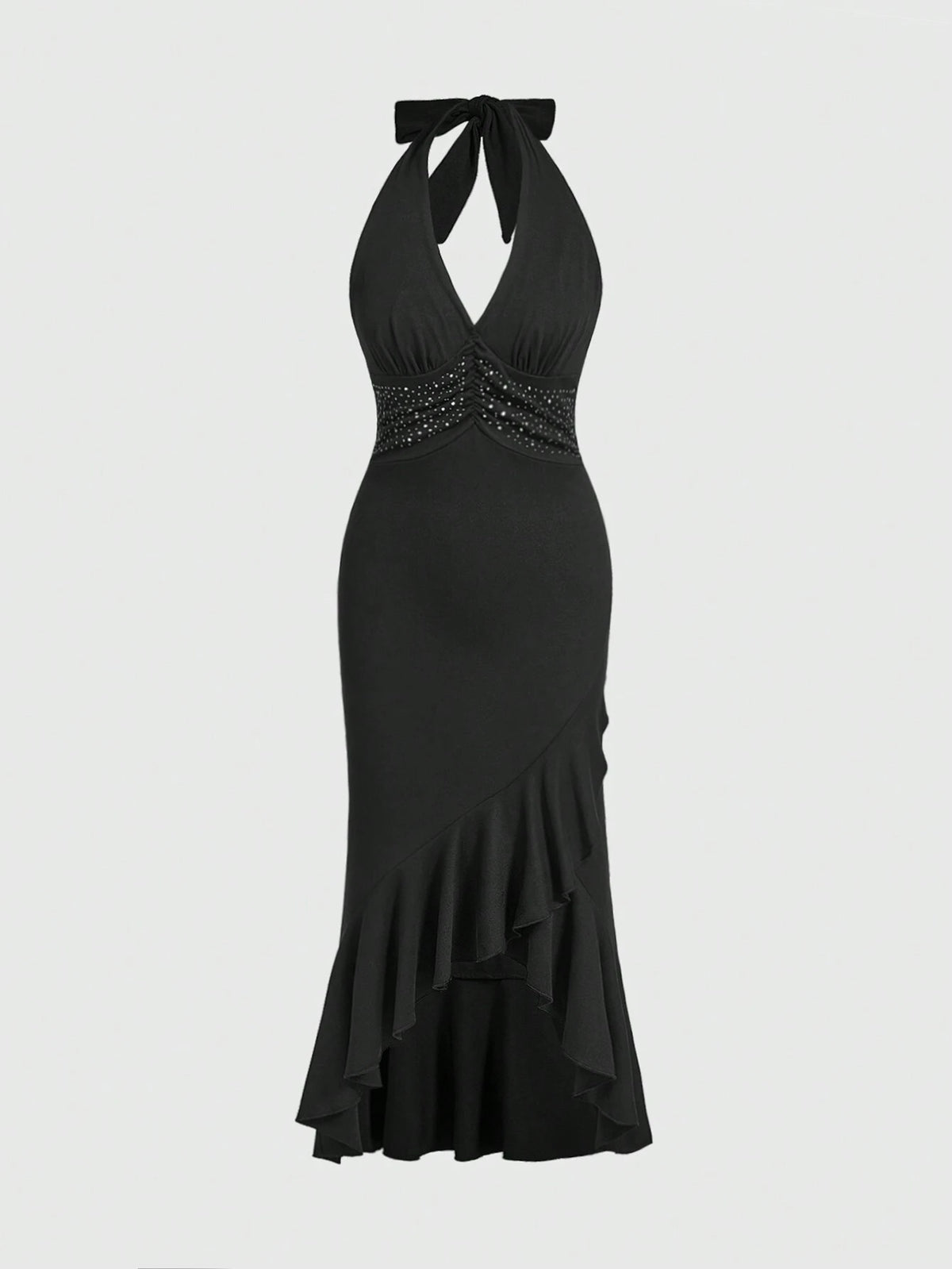 ROMWE Goth Sexy Charm Metallic Beads Design Irregular Ruffle Hem Bodycon Halter Dress For Women
