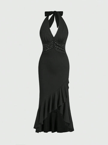 ROMWE Goth Sexy Charm Metallic Beads Design Irregular Ruffle Hem Bodycon Halter Dress For Women