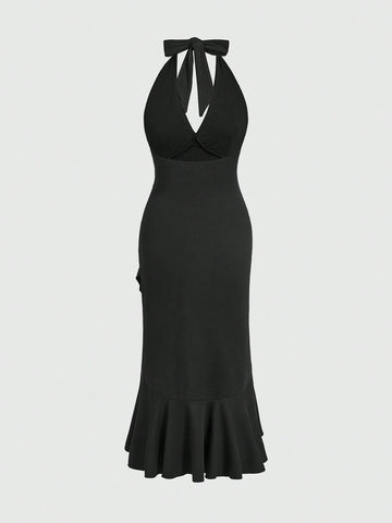 ROMWE Goth Sexy Charm Metallic Beads Design Irregular Ruffle Hem Bodycon Halter Dress For Women