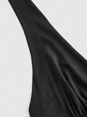 ROMWE Goth Sexy Charm Metallic Beads Design Irregular Ruffle Hem Bodycon Halter Dress For Women