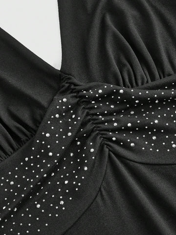 ROMWE Goth Sexy Charm Metallic Beads Design Irregular Ruffle Hem Bodycon Halter Dress For Women
