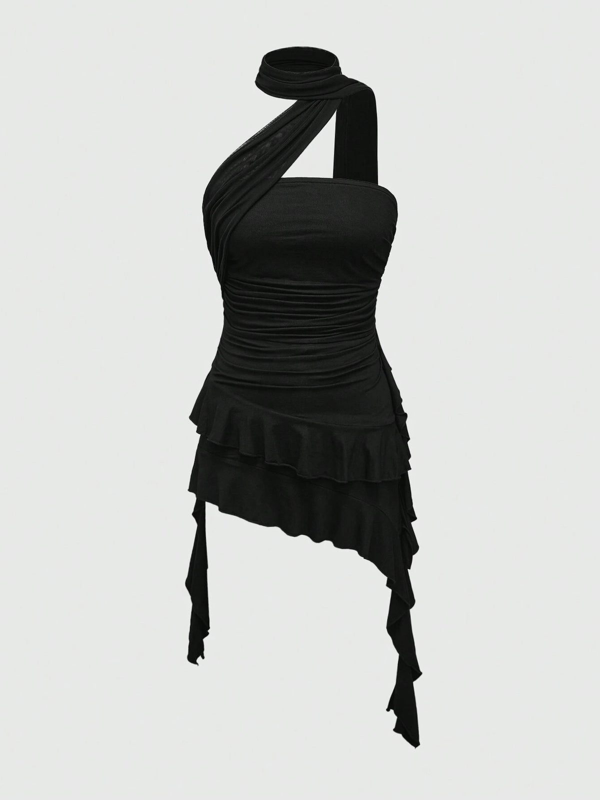 ROMWE Goth Sexy Mini Asymmetrical Hem Layered Solid Black Strapless Party Bodycon Dress For Women