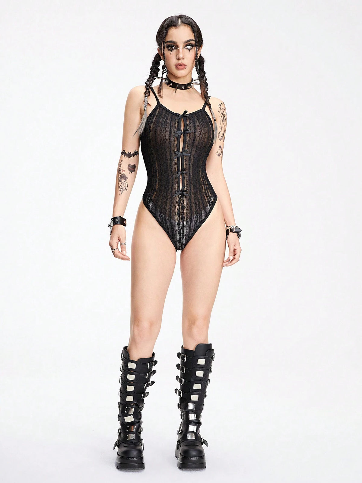 ROMWE Goth Sexy Pure Desire Lace Trim Stretchy Floral & Butterfly Print Perspective Women Bodysuit With Ribbon Straps