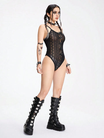ROMWE Goth Sexy Pure Desire Lace Trim Stretchy Floral & Butterfly Print Perspective Women Bodysuit With Ribbon Straps