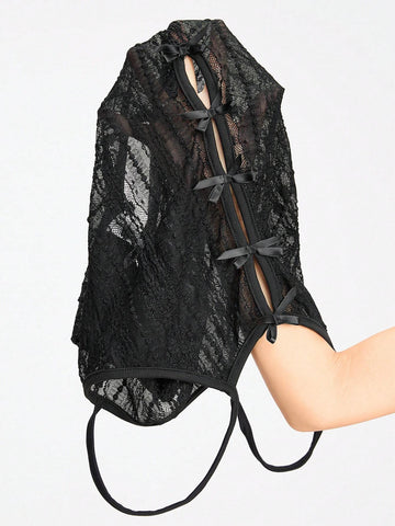 ROMWE Goth Sexy Pure Desire Lace Trim Stretchy Floral & Butterfly Print Perspective Women Bodysuit With Ribbon Straps