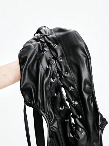 ROMWE Goth Sexy Solid Color Turtle Neck Overall With Cut-Out Back, Coated Fabric And Bowknot Belt For Women